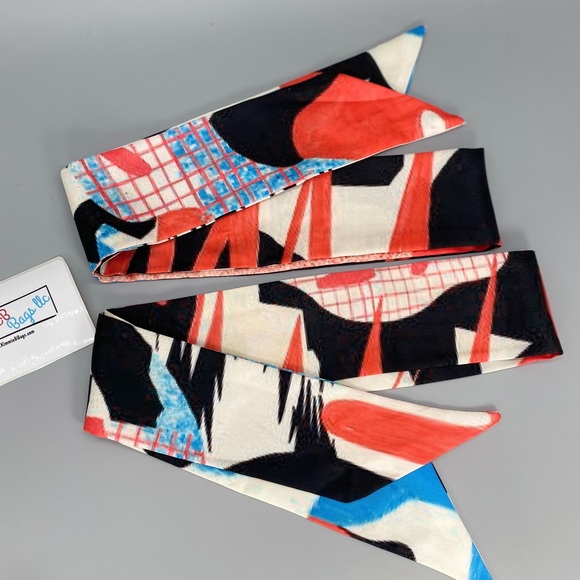 Blue, Coral, & Black Print Scarfs (2) Twilly Wraps - Picture 3 of 4